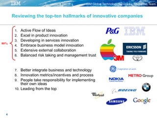 IBM Global Technology Services – Innovation Team
4
Reviewing the top-ten hallmarks of innovative companies
1. Active Flow of Ideas
2. Excel in product innovation
3. Developing in services innovation
4. Embrace business model innovation
5. Extensive external collaboration
6. Balanced risk taking and management trust
7. Better integrate business and technology
8. Innovation metrics/incentives and process
9. People take responsibility for implementing
their own ideas
10. Leading from the top
80%
 