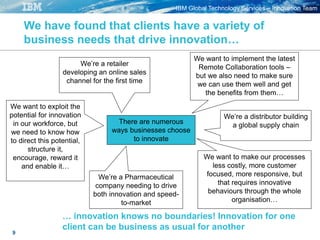 IBM Global Technology Services – Innovation Team
9
We have found that clients have a variety of
business needs that drive innovation…
We want to implement the latest
Remote Collaboration tools –
but we also need to make sure
we can use them well and get
the benefits from them…
We want to make our processes
less costly, more customer
focused, more responsive, but
that requires innovative
behaviours through the whole
organisation…
We want to exploit the
potential for innovation
in our workforce, but
we need to know how
to direct this potential,
structure it,
encourage, reward it
and enable it…
We’re a retailer
developing an online sales
channel for the first time
We’re a distributor building
a global supply chain
We’re a Pharmaceutical
company needing to drive
both innovation and speed-
to-market
There are numerous
ways businesses choose
to innovate
… innovation knows no boundaries! Innovation for one
client can be business as usual for another
 