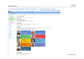 How IBM Innovates


Local Innovation Task Forces / Innovation hubs




29                                               © 2010 IBM Corporation
 