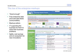 How IBM Innovates


The rise of the enterprise mashups

 “Good enough”
 Free enterprise data
  and build data feeds
  (consumables)
 Mashup editors
 IT supporting the
  business for them to
  solve their business
  problems
 Agility, cost savings
  and an ecosystem for
  new innovations




32                                   © 2010 IBM Corporation
 