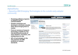 How IBM Innovates


AlphaWorks
- Speeding IBM Emerging Technologies to the outside early-adopter
community


    Promising software programs
     in research not yet
     commercialized.
    Outside companies and
     developers contribute valuable
     ideas about bringing them to
     market.
    First-cut versions of research
     technology available for free
     trial attracting thousands of
     early adopters, innovators, and
     entrepreneurs to site.
    40% of technologies on the
     site graduate into IBM
     products or industry
     standards.




                                                               © 2010 IBM Corporation
 
