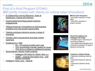 Innovation@IBM

First of a Kind Program (FOAK): 
IBM jointly invests with clients on cutting edge innovations
§ A Collabo...