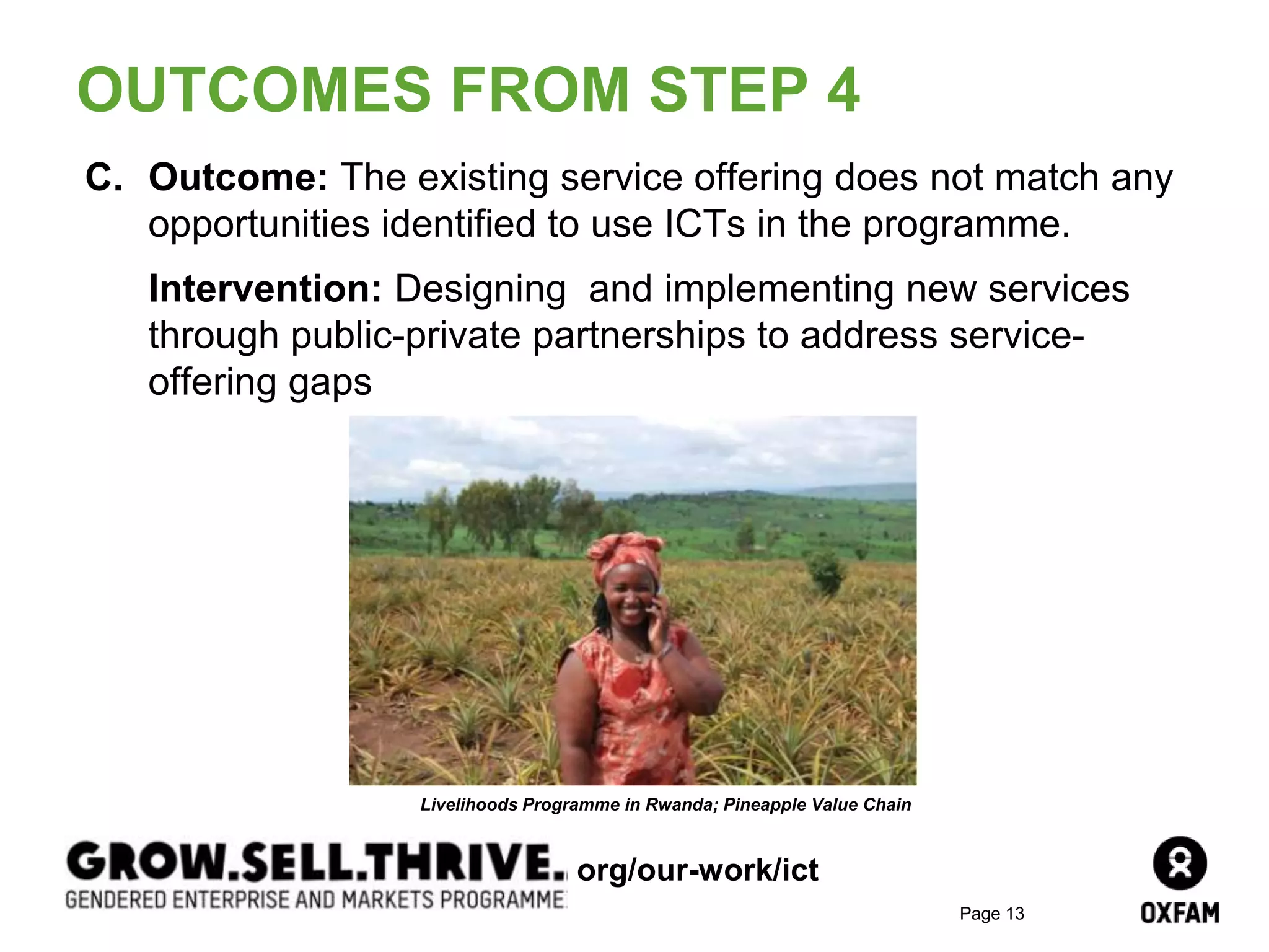 Page 13
C. Outcome: The existing service offering does not match any
opportunities identified to use ICTs in the programme.
Intervention: Designing and implementing new services
through public-private partnerships to address service-
offering gaps
OUTCOMES FROM STEP 4
Livelihoods Programme in Rwanda; Pineapple Value Chain
org/our-work/ict
 