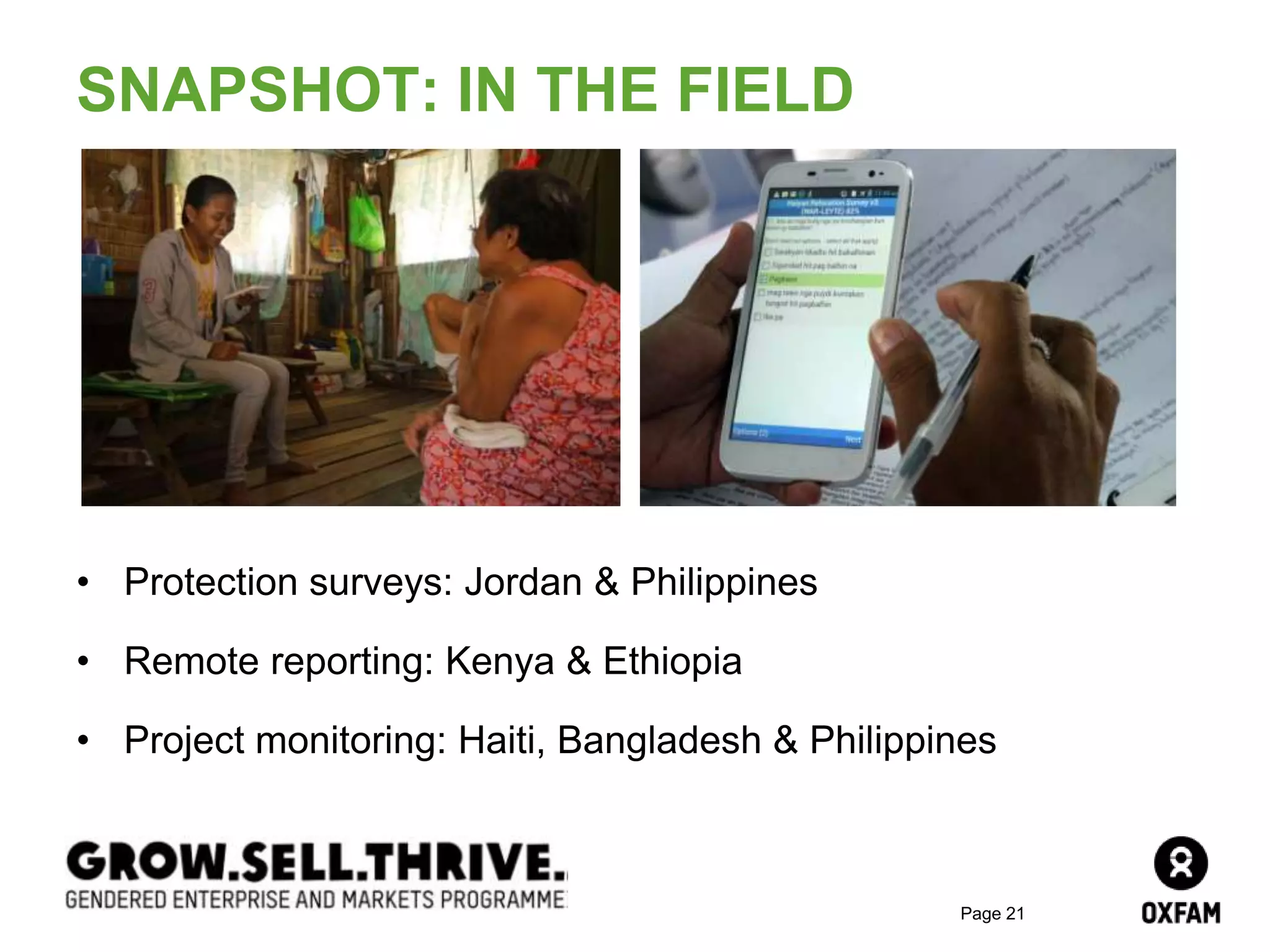 Page 21
SNAPSHOT: IN THE FIELD
• Protection surveys: Jordan & Philippines
• Remote reporting: Kenya & Ethiopia
• Project monitoring: Haiti, Bangladesh & Philippines
 