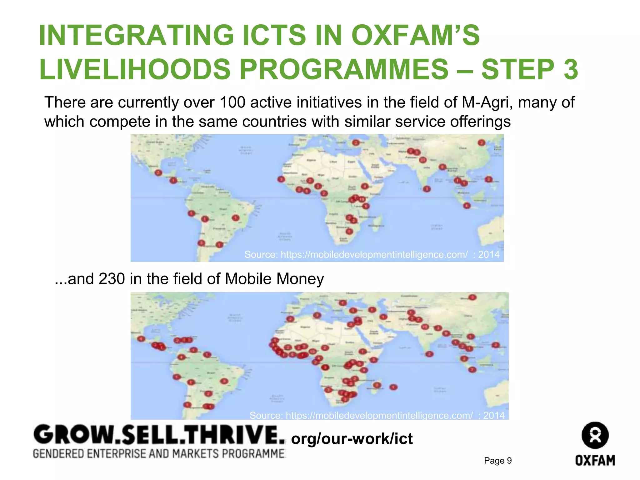 Page 9
INTEGRATING ICTS IN OXFAM’S
LIVELIHOODS PROGRAMMES – STEP 3
3. Conduct a quick landscape analysis of the enabling environment,
M-Agri and Mobile Money service offering in the country
...and 230 in the field of Mobile Money
Source: https://mobiledevelopmentintelligence.com/ : 2014
Source: https://mobiledevelopmentintelligence.com/ : 2014
org/our-work/ict
There are currently over 100 active initiatives in the field of M-Agri, many of
which compete in the same countries with similar service offerings
Source: https://mobiledevelopmentintelligence.com/ : 2014
 