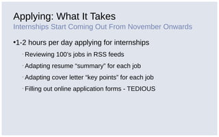 Applying: What It Takes
Internships Start Coming Out From November Onwards
•1-2 hours per day applying for internships
▪ Reviewing 100’s jobs in RSS feeds
▪ Adapting resume “summary” for each job
▪ Adapting cover letter “key points” for each job
▪ Filling out online application forms - TEDIOUS
 