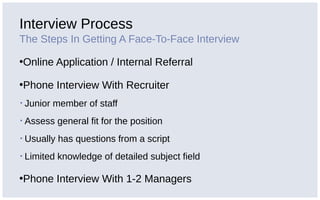 Interview Process
The Steps In Getting A Face-To-Face Interview
•Online Application / Internal Referral
•Phone Interview With Recruiter
▪ Junior member of staff
▪ Assess general fit for the position
▪ Usually has questions from a script
▪ Limited knowledge of detailed subject field
•Phone Interview With 1-2 Managers
 