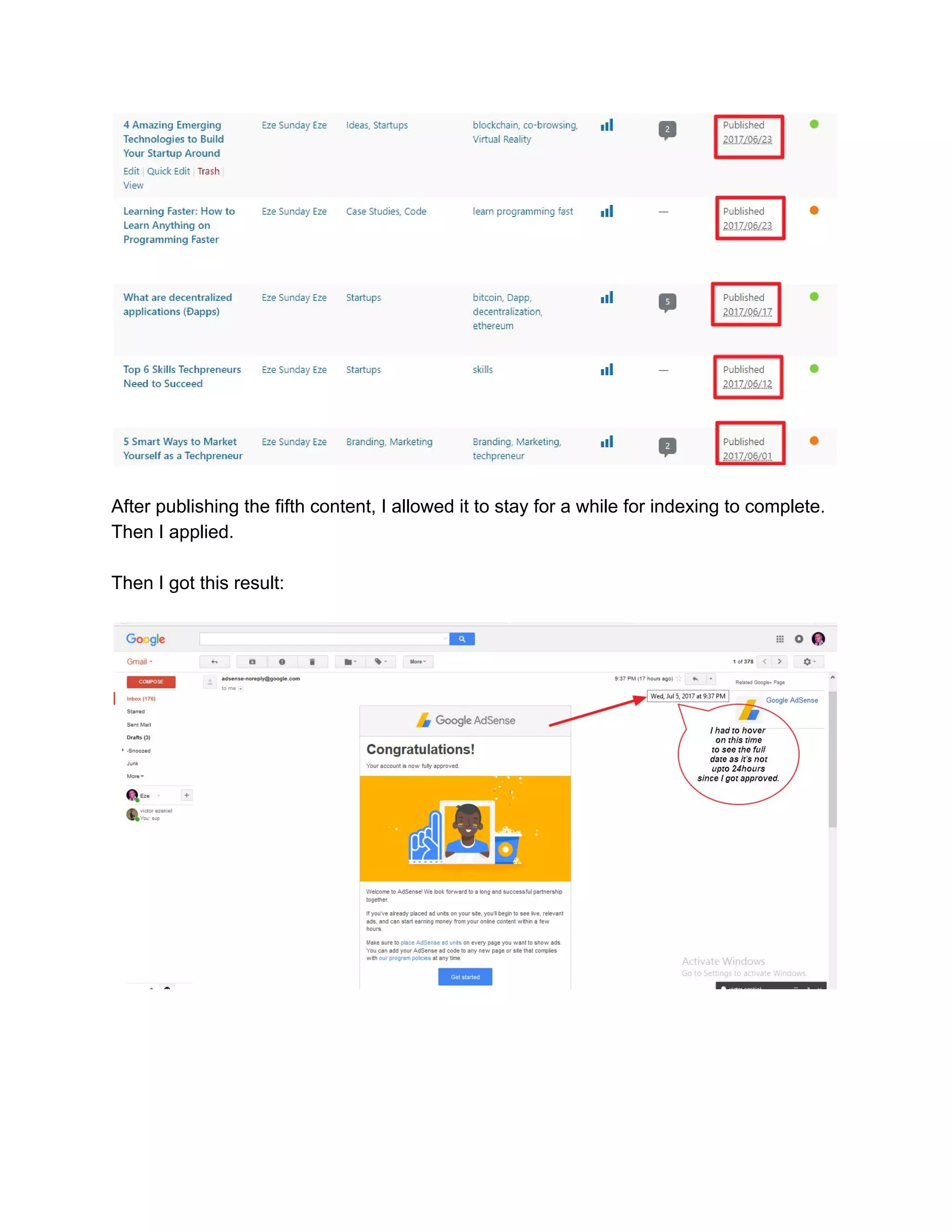 After publishing the fifth content, I allowed it to stay for a while for indexing to complete.
Then I applied.
Then I got this result:
 