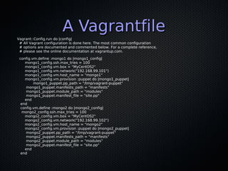 A Vagrantfile
Vagrant::Config.run do |config|
 # All Vagrant configuration is done here. The most common configuration
 # options are documented and commented below. For a complete reference,
 # please see the online documentation at vagrantup.com.

 config.vm.define :mongo1 do |mongo1_config|
    mongo1_config.ssh.max_tries = 100
    mongo1_config.vm.box = "MyCentOS2"
    mongo1_config.vm.network("192.168.99.101")
    mongo1_config.vm.host_name = "mongo1"
    mongo1_config.vm.provision :puppet do |mongo1_puppet|
         mongo1_puppet.pp_path = "/tmp/vagrant-puppet"
     mongo1_puppet.manifests_path = "manifests"
     mongo1_puppet.module_path = "modules"
     mongo1_puppet.manifest_file = "site.pp"
    end
  end
  config.vm.define :mongo2 do |mongo2_config|
   mongo2_config.ssh.max_tries = 100
    mongo2_config.vm.box = "MyCentOS2"
    mongo2_config.vm.network("192.168.99.102")
    mongo2_config.vm.host_name = "mongo2"
    mongo2_config.vm.provision :puppet do |mongo2_puppet|
     mongo2_puppet.pp_path = "/tmp/vagrant-puppet"
     mongo2_puppet.manifests_path = "manifests"
     mongo2_puppet.module_path = "modules"
     mongo2_puppet.manifest_file = "site.pp"
    end
  end
 