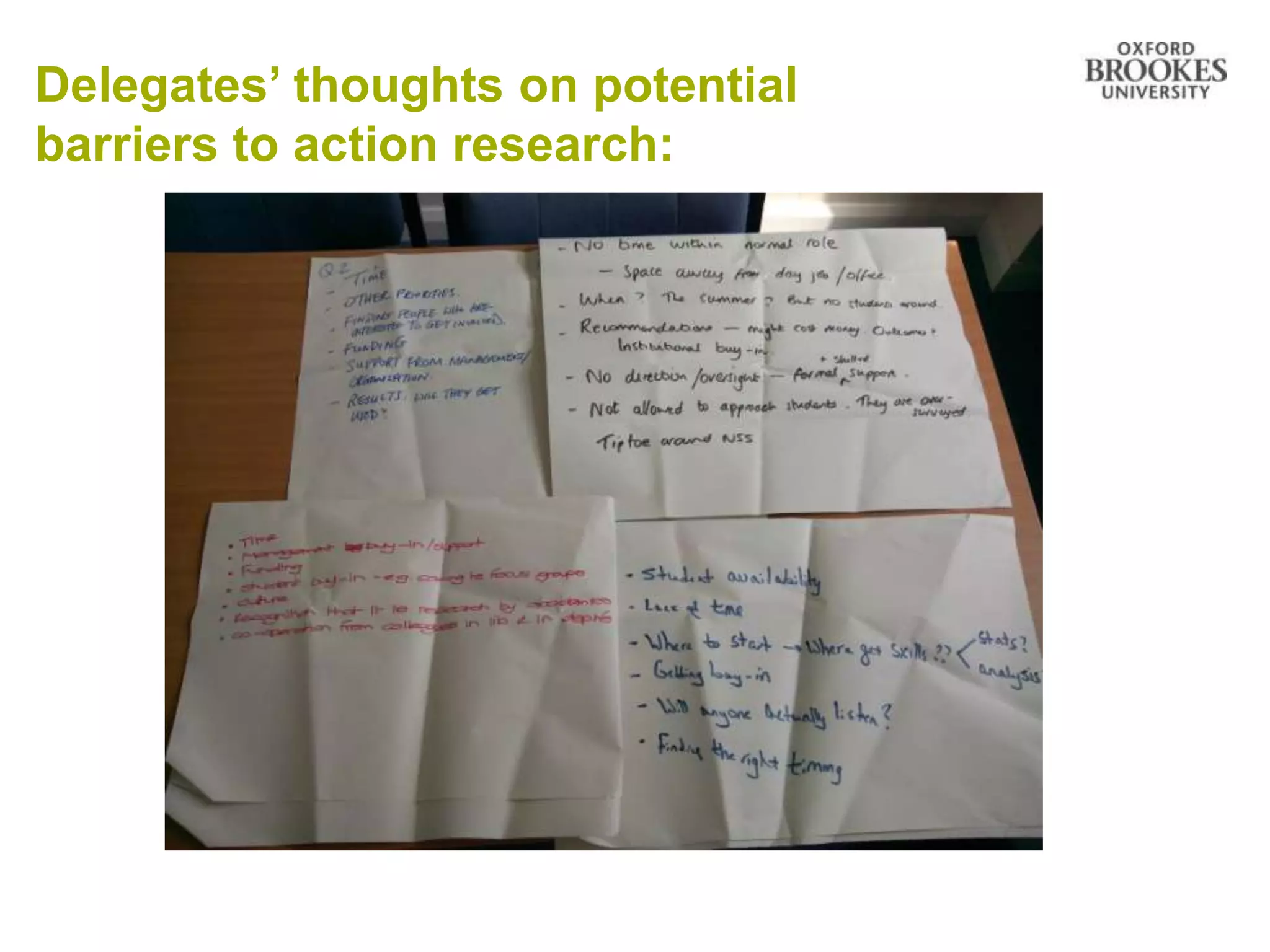 Delegates’ thoughts on potential
barriers to action research:
 