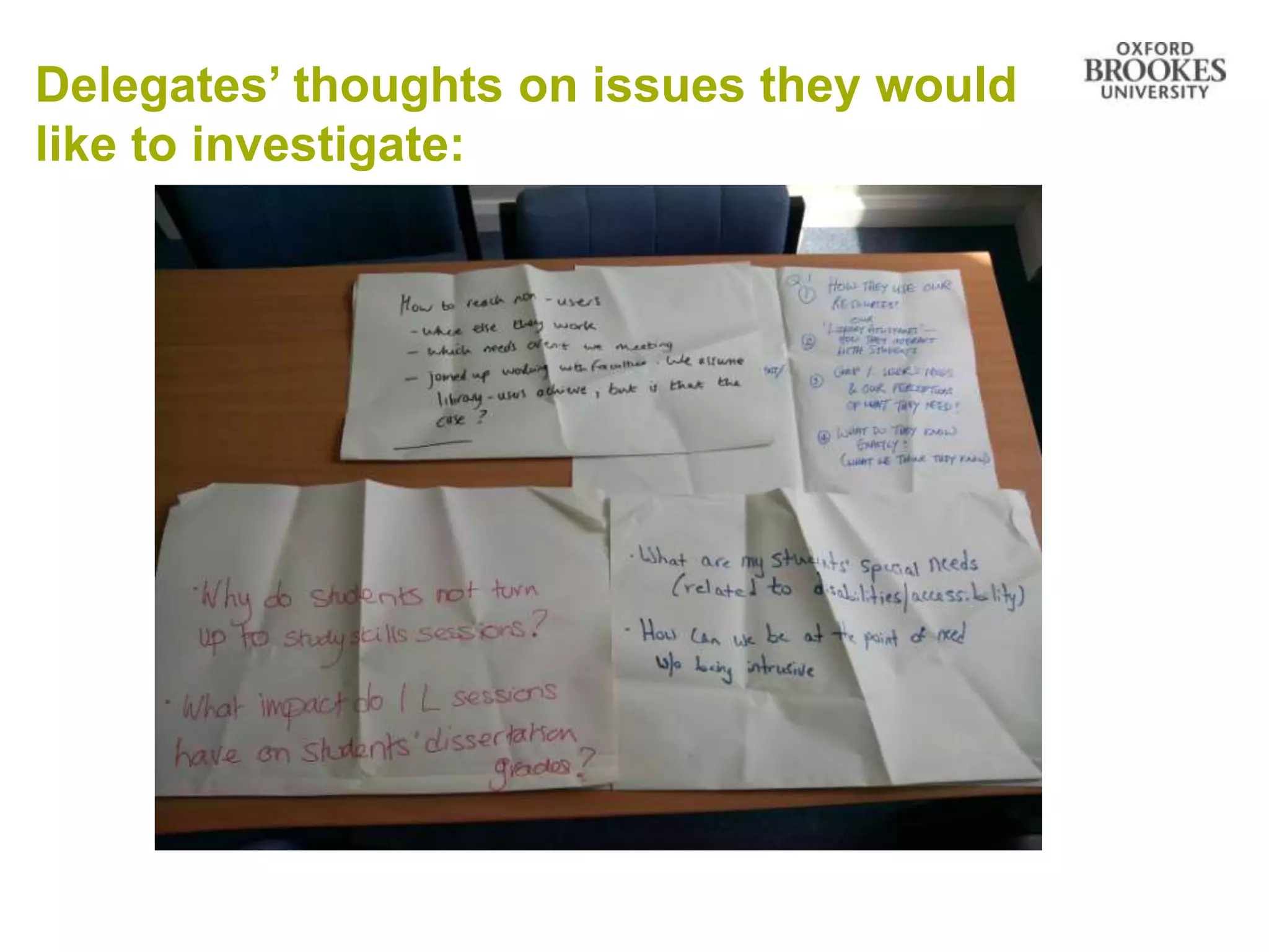 Delegates’ thoughts on issues they would
like to investigate:
 