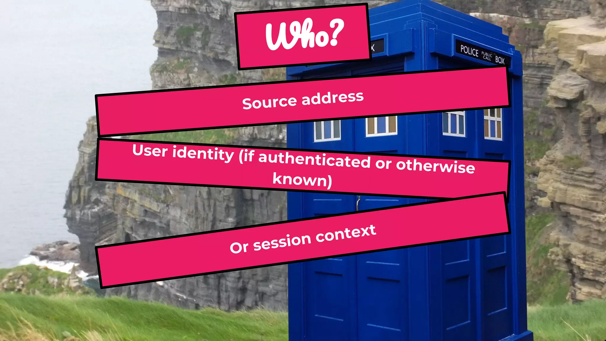 W ?
Source address
User identity (if authenticated or otherwise
known)
Or session context
 