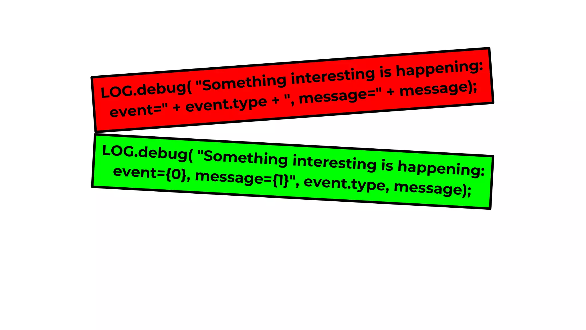 LOG.debug( "Something interesting is happening:
event=" + event.type + ", message=" + message);
LOG.debug( "Something interesting is happening:event={0}, message={1}", event.type, message);
 