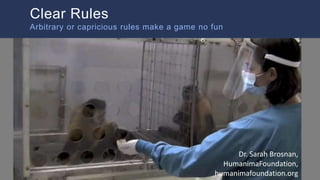 Monkey Video
Clear Rules
Arbitrary or capricious rules make a game no fun
Dr. Sarah Brosnan,
HumanimaFoundation,
humanimafoundation.org
 