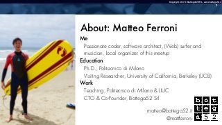 Copyright 2017 @ Bottega52 SRL - www.bottega52.it
About: Matteo Ferroni
Me
Passionate coder, software architect, (Web) sur...