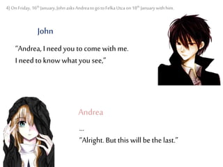 4) On Friday,16th January,John asksAndreato go toFelka Utcaon18th Januarywith him.
“Andrea, I need you to come with me.
I need to knowwhatyou see,”
…
“Alright. But this will be thelast.”
Andrea
John
 