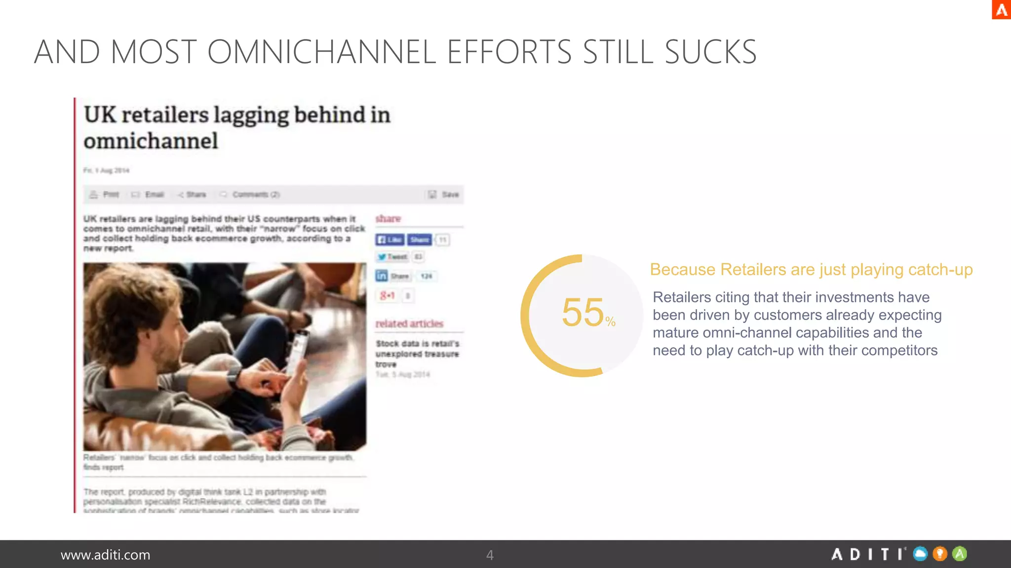 AND MOST OMNICHANNEL EFFORTS STILL SUCKS 
www.aditi.com 4 
55% 
Because Retailers are just playing catch-up 
Retailers citing that their investments have 
been driven by customers already expecting 
mature omni-channel capabilities and the 
need to play catch-up with their competitors 
 