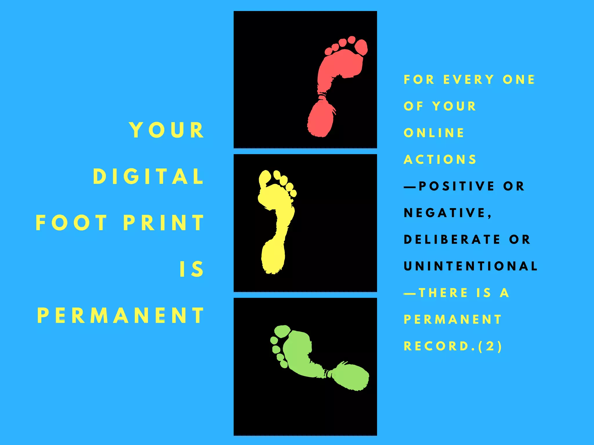 Y O U R
D I G I T A L
F O O T P R I N T
I S
P E R M A N E N T
F O R E V E R Y O N E
O F Y O U R
O N L I N E
A C T I O N S
— P O S I T I V E O R
N E G A T I V E ,
D E L I B E R A T E O R
U N I N T E N T I O N A L
— T H E R E I S A
P E R M A N E N T
R E C O R D . ( 2 )
 
