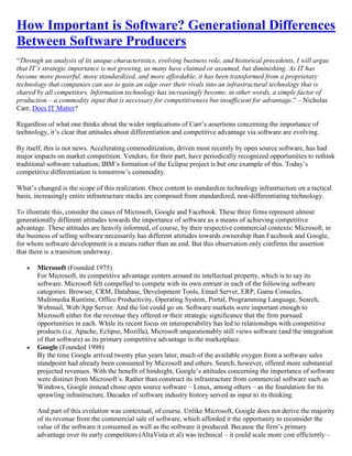 How Important is Software? Generational Differences
Between Software Producers
“Through an analysis of its unique characteristics, evolving business role, and historical precedents, I will argue
that IT’s strategic importance is not growing, as many have claimed or assumed, but diminishing. As IT has
become more powerful, more standardized, and more affordable, it has been transformed from a proprietary
technology that companies can use to gain an edge over their rivals into an infrastructural technology that is
shared by all competitors. Information technology has increasingly become, in other words, a simple factor of
production – a commodity input that is necessary for competitiveness but insufficient for advantage.” – Nicholas
Carr, Does IT Matter?

Regardless of what one thinks about the wider implications of Carr’s assertions concerning the importance of
technology, it’s clear that attitudes about differentiation and competitive advantage via software are evolving.

By itself, this is not news. Accelerating commoditization, driven most recently by open source software, has had
major impacts on market competition. Vendors, for their part, have periodically recognized opportunities to rethink
traditional software valuation; IBM’s formation of the Eclipse project is but one example of this. Today’s
competitive differentiation is tomorrow’s commodity.

What’s changed is the scope of this realization. Once content to standardize technology infrastructure on a tactical
basis, increasingly entire infrastructure stacks are composed from standardized, non-differentiating technology.

To illustrate this, consider the cases of Microsoft, Google and Facebook. These three firms represent almost
generationally different attitudes towards the importance of software as a means of achieving competitive
advantage. These attitudes are heavily informed, of course, by their respective commercial contexts: Microsoft, in
the business of selling software necessarily has different attitudes towards ownership than Facebook and Google,
for whom software development is a means rather than an end. But this observation only confirms the assertion
that there is a transition underway.

       Microsoft (Founded 1975)
       For Microsoft, its competitive advantage centers around its intellectual property, which is to say its
       software. Microsoft felt compelled to compete with its own entrant in each of the following software
       categories: Browser, CRM, Database, Development Tools, Email Server, ERP, Game Consoles,
       Multimedia Runtime, Office Productivity, Operating System, Portal, Programming Language, Search,
       Webmail, Web/App Server. And the list could go on. Software markets were important enough to
       Microsoft either for the revenue they offered or their strategic significance that the firm pursued
       opportunities in each. While its recent focus on interoperability has led to relationships with competitive
       products (i.e. Apache, Eclipse, Mozilla), Microsoft unquestionably still views software (and the integration
       of that software) as its primary competitive advantage in the marketplace.
       Google (Founded 1998)
       By the time Google arrived twenty plus years later, much of the available oxygen from a software sales
       standpoint had already been consumed by Microsoft and others. Search, however, offered more substantial
       projected revenues. With the benefit of hindsight, Google’s attitudes concerning the importance of software
       were distinct from Microsoft’s. Rather than construct its infrastructure from commercial software such as
       Windows, Google instead chose open source software – Linux, among others – as the foundation for its
       sprawling infrastructure. Decades of software industry history served as input to its thinking.

       And part of this evolution was contextual, of course. Unlike Microsoft, Google does not derive the majority
       of its revenue from the commercial sale of software, which afforded it the opportunity to reconsider the
       value of the software it consumed as well as the software it produced. Because the firm’s primary
       advantage over its early competitors (AltaVista et al) was technical – it could scale more cost efficiently –
 