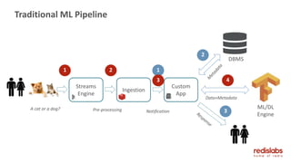 Traditional ML Pipeline
Streams
Engine
A cat or a dog?
Ingestion
Custom
App
1 2 1
DBMS
2
4
Data+Metadata
3
ML/DL
Engine
Pre-processing Notification
3
 