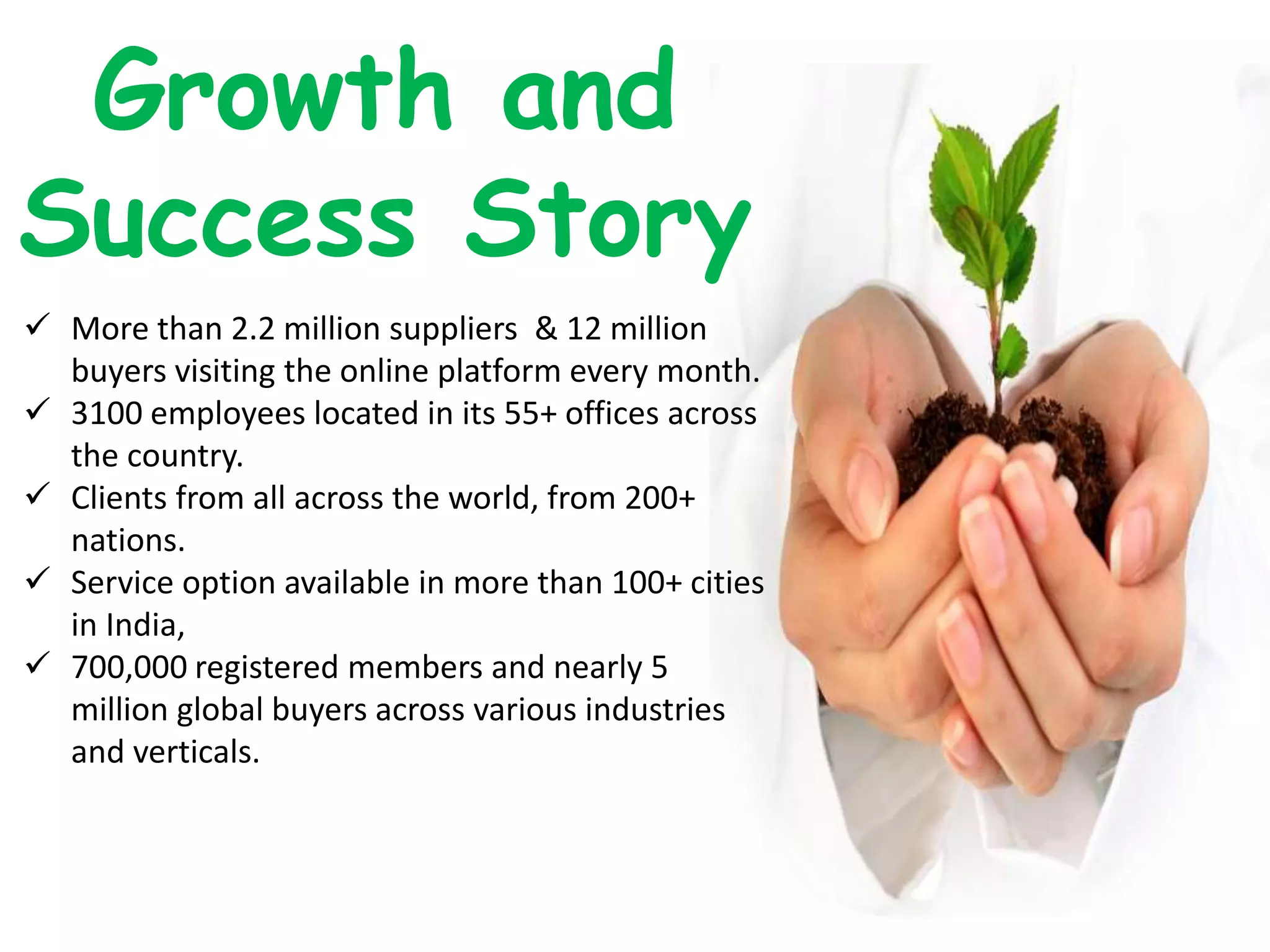 Growth and
Success Story
 More than 2.2 million suppliers & 12 million
buyers visiting the online platform every month.
 3100 employees located in its 55+ offices across
the country.
 Clients from all across the world, from 200+
nations.
 Service option available in more than 100+ cities
in India,
 700,000 registered members and nearly 5
million global buyers across various industries
and verticals.
 