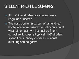 STU EN PR FI LE SU M Y:
   D T O          M AR
 Al l of t he st udent s sur veyed w e  er
  r egul ar st udent s.
 The m  ost com on (80% out of a hundr ed)
                 m
  hobby w e w based t he i nf or m i on of
            her e                          at
  w hat ot her act i vi t i es, asi de f r om
  school w k, does a t ypi cal I N st udent
            or                         D
  spend t hei r m oney on w e i nt er net
                              er
  sur f i ng and pc gam  es.
 