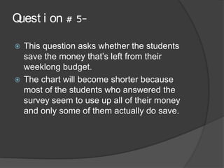 Quest i on # 5-

 This question asks whether the students
  save the money that’s left from their
  weeklong budget.
 The chart will become shorter because
  most of the students who answered the
  survey seem to use up all of their money
  and only some of them actually do save.
 