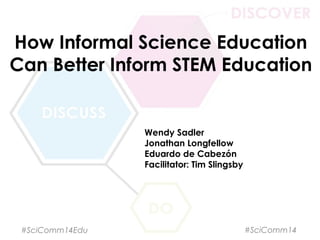 How Informal Science Education
Can Better Inform STEM Education
Wendy Sadler
Jonathan Longfellow
Eduardo de Cabezón
Facilitator: Tim Slingsby
#SciComm14Edu #SciComm14
 