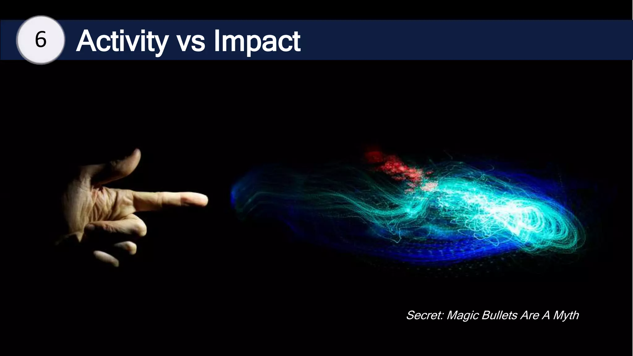 Activity vs Impact
6
Secret: Magic Bullets Are A Myth
 
