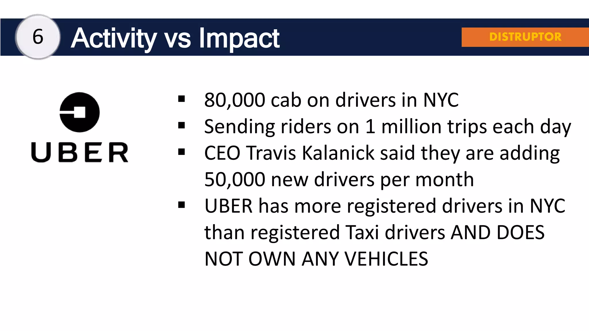 Activity vs Impact
 80,000 cab on drivers in NYC
 Sending riders on 1 million trips each day
 CEO Travis Kalanick said they are adding
50,000 new drivers per month
 UBER has more registered drivers in NYC
than registered Taxi drivers AND DOES
NOT OWN ANY VEHICLES
6 DISTRUPTOR
 
