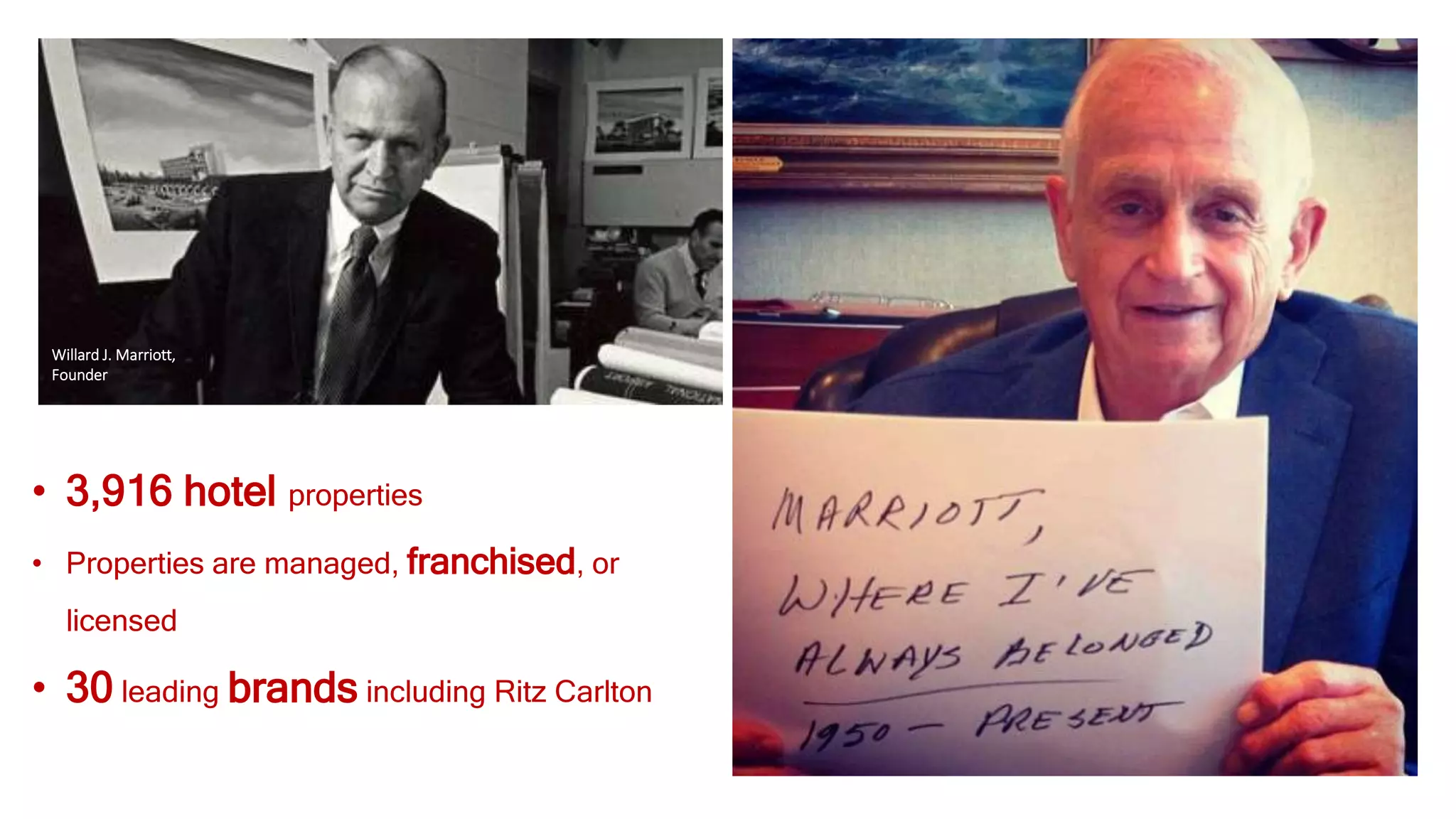 Willard J. Marriott,
Founder
• 3,916 hotel properties
• Properties are managed, franchised, or
licensed
• 30 leading brands including Ritz Carlton
 