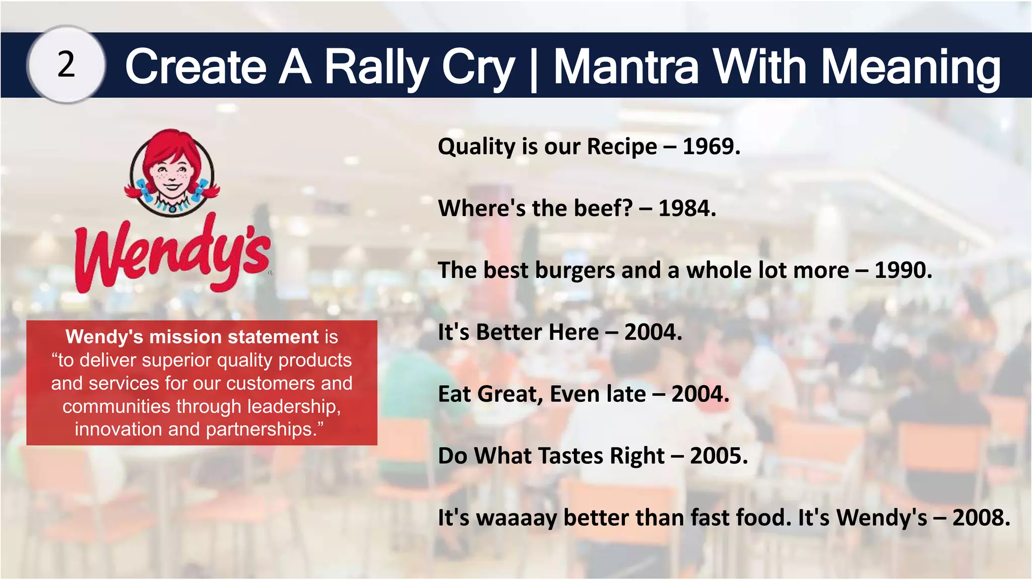 Create A Rally Cry | Mantra With Meaning
Wendy's mission statement is
“to deliver superior quality products
and services for our customers and
communities through leadership,
innovation and partnerships.”
Quality is our Recipe – 1969.
Where's the beef? – 1984.
The best burgers and a whole lot more – 1990.
It's Better Here – 2004.
Eat Great, Even late – 2004.
Do What Tastes Right – 2005.
It's waaaay better than fast food. It's Wendy's – 2008.
2
 
