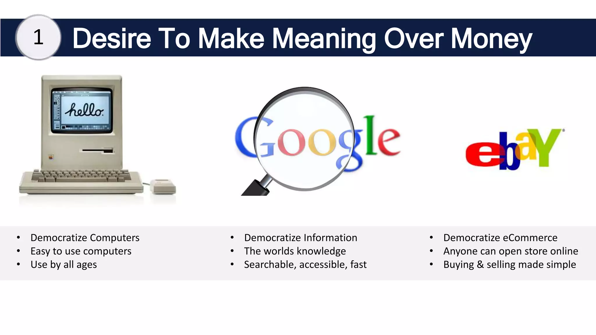 Desire To Make Meaning Over Money
• Democratize Computers
• Easy to use computers
• Use by all ages
• Democratize Information
• The worlds knowledge
• Searchable, accessible, fast
• Democratize eCommerce
• Anyone can open store online
• Buying & selling made simple
1
 