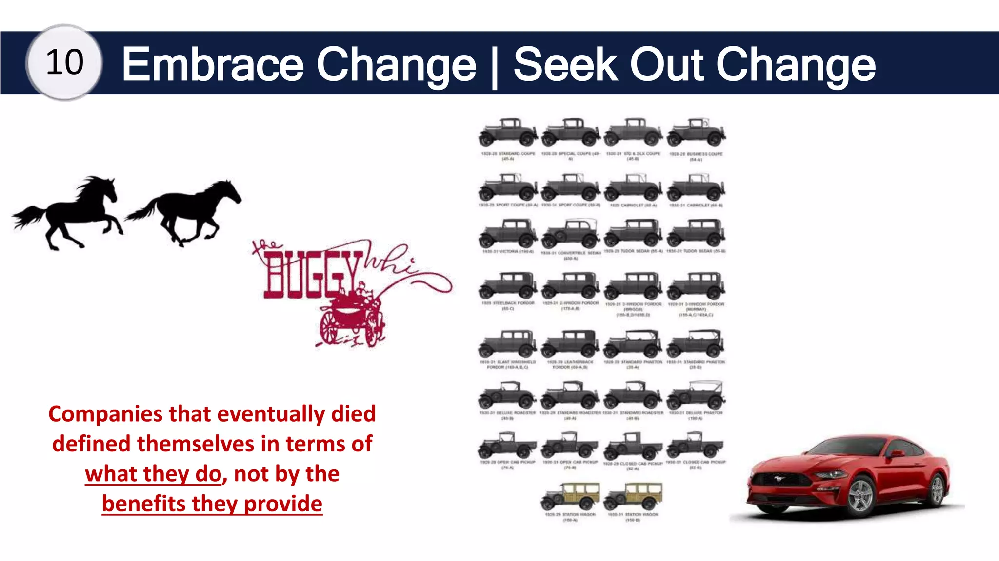 Embrace Change | Seek Out Change
10
Companies that eventually died
defined themselves in terms of
what they do, not by the
benefits they provide
 