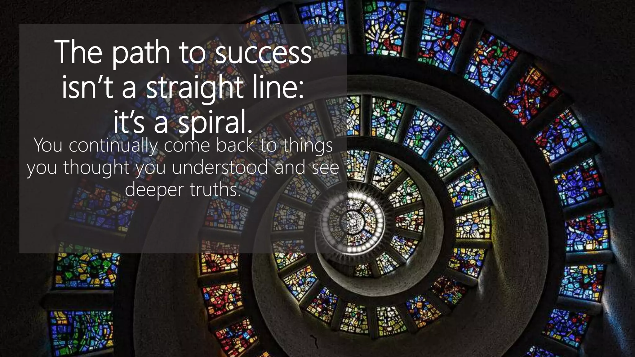 The path to success
isn’t a straight line:
it’s a spiral.
You continually come back to things
you thought you understood and see
deeper truths.
 