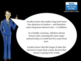 Another factor that makes long-term loans less attractive to lenders -- and therefore raises long-term interest rates -- is inflation.  In a healthy economy, inflation almost always rises, meaning the same rupee amount today is worth less five years from now.  Lenders know that the longer it takes the borrower to pay back a loan, the less that money is going to be worth. 