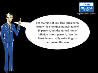 For example, if you take out a home loan with a nominal interest rate of 10 percent, but the annual rate of inflation is four percent, then the bank is only really collecting six percent on the loan. 