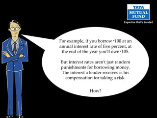 For example, if you borrow  ` 100 at an annual interest rate of five percent, at the end of the year you'll owe  ` 105. But interest rates aren't just random punishments for borrowing money. The interest a lender receives is his compensation for taking a risk. How? 