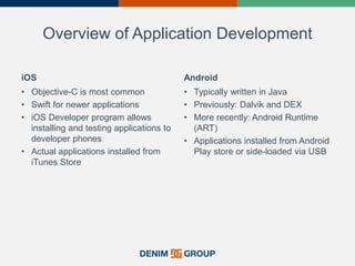 Overview of Application Development
iOS
• Objective-C is most common
• Swift for newer applications
• iOS Developer program allows
installing and testing applications to
developer phones
• Actual applications installed from
iTunes Store
Android
• Typically written in Java
• Previously: Dalvik and DEX
• More recently: Android Runtime
(ART)
• Applications installed from Android
Play store or side-loaded via USB
 