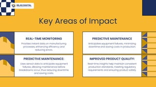 Key Areas of Impact
Provides instant data on manufacturing
processes, enhancing efficiency and
reducing errors.
REAL-TIME MONITORING
Anticipates equipment failures, minimizing
downtime and saving costs in production.
PREDICTIVE MAINTENANCE
Uses sensor data to anticipate equipment
failures, allowing maintenance before
breakdowns occur, thus reducing downtime
and saving costs.
PREDICTIVE MAINTENANCE:
Real-time insights help maintain consistent
production standards, meeting regulatory
requirements and ensuring product safety.
IMPROVED PRODUCT QUALITY:
 