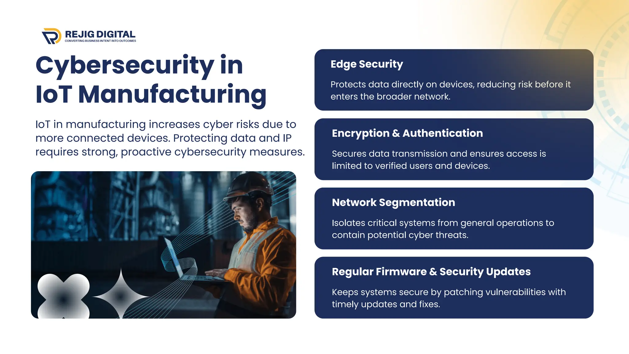 Edge Security
Protects data directly on devices, reducing risk before it
enters the broader network.
Encryption & Authentication
Secures data transmission and ensures access is
limited to verified users and devices.
Network Segmentation
Isolates critical systems from general operations to
contain potential cyber threats.
Regular Firmware & Security Updates
Keeps systems secure by patching vulnerabilities with
timely updates and fixes.
Cybersecurity in
IoT Manufacturing
IoT in manufacturing increases cyber risks due to
more connected devices. Protecting data and IP
requires strong, proactive cybersecurity measures.
 