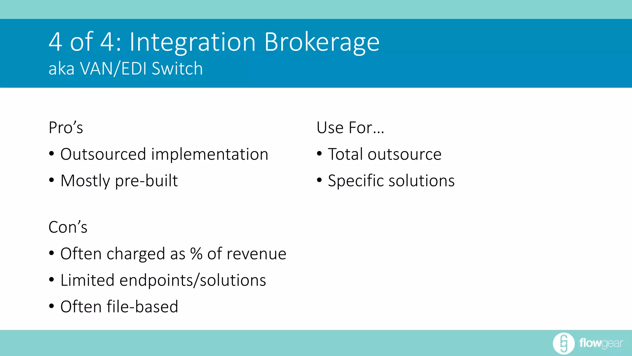 4 of 4: Integration Brokerage 
aka VAN/EDI Switch 
Pro’s 
• Outsourced implementation 
• Mostly pre-built 
Con’s 
• Often charged as % of revenue 
• Limited endpoints/solutions 
• Often file-based 
Use For… 
• Total outsource 
• Specific solutions 
 