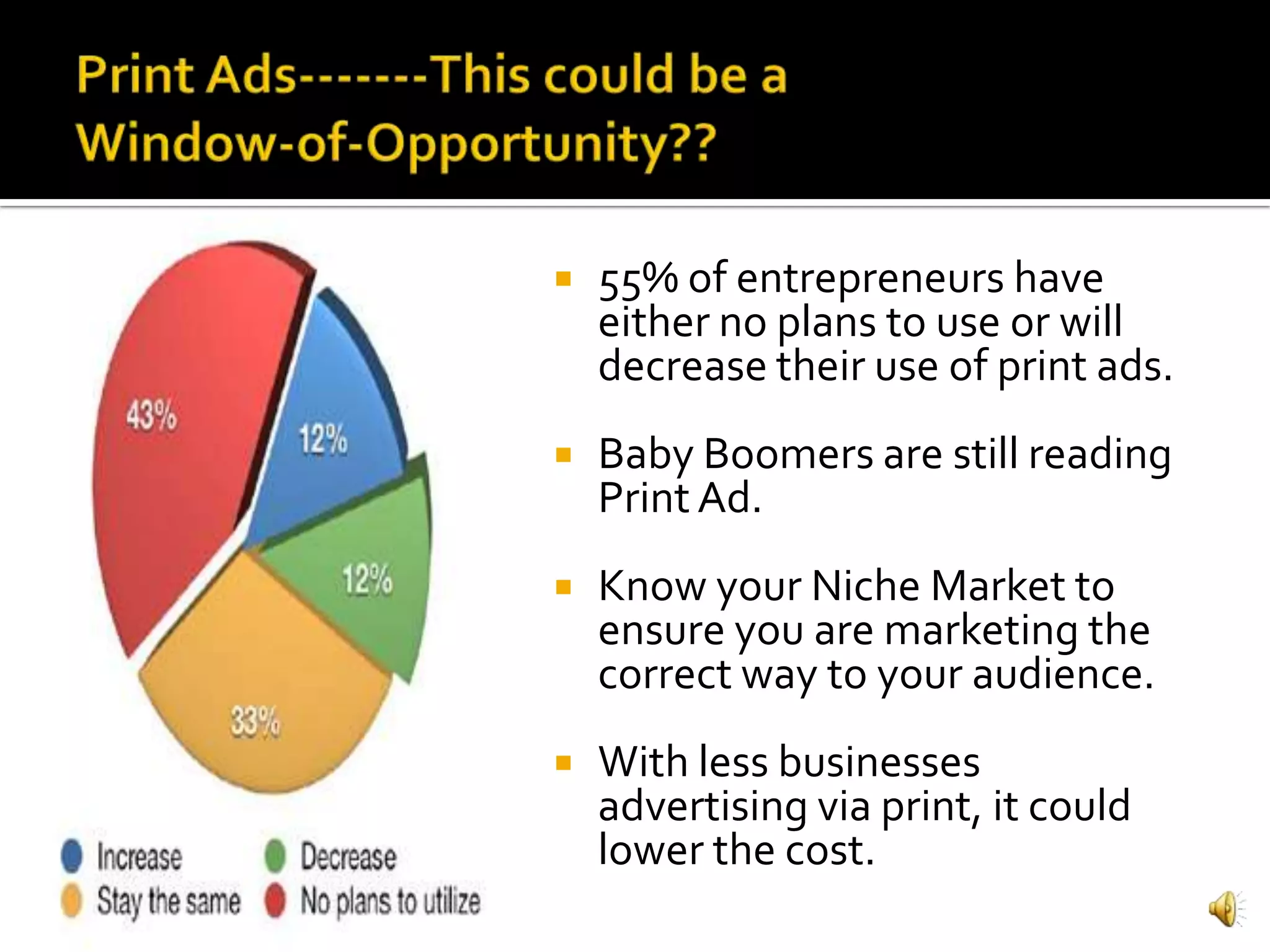    55% of entrepreneurs have
    either no plans to use or will
    decrease their use of print ads.
   Baby Boomers are still reading
    Print Ad.
   Know your Niche Market to
    ensure you are marketing the
    correct way to your audience.
   With less businesses
    advertising via print, it could
    lower the cost.
 