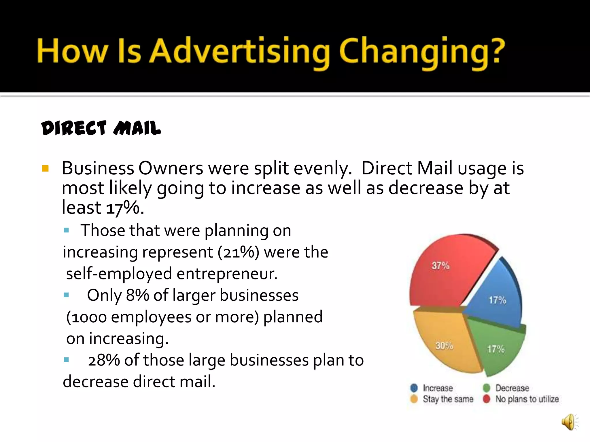 Direct Mail
   Business Owners were split evenly. Direct Mail usage is
    most likely going to increase as well as decrease by at
    least 17%.
     Those that were planning on
    increasing represent (21%) were the
     self-employed entrepreneur.
     Only 8% of larger businesses
     (1000 employees or more) planned
     on increasing.
     28% of those large businesses plan to
    decrease direct mail.
 