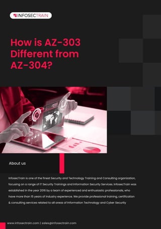 How is AZ-303
Different from
AZ-304?
InfosecTrain is one of the finest Security and Technology Training and Consulting organization,
focusing on a range of IT Security Trainings and Information Security Services. InfosecTrain was
established in the year 2016 by a team of experienced and enthusiastic professionals, who
have more than 15 years of industry experience. We provide professional training, certification
& consulting services related to all areas of Information Technology and Cyber Security
Security.InfosecTrain is one of the finest Security and Technology Training and Consulting
organization, focusing on a range of IT Security Trainings and Information Security Services.
InfosecTrain was established in the year 2016 by a team of experienced and enthusiastic
professionals, who have more than 15 years of industry experience. We provide professional
About us
 