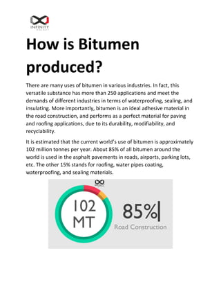How is Bitumen
produced?
There are many uses of bitumen in various industries. In fact, this
versatile substance has more than 250 applications and meet the
demands of different industries in terms of waterproofing, sealing, and
insulating. More importantly, bitumen is an ideal adhesive material in
the road construction, and performs as a perfect material for paving
and roofing applications, due to its durability, modifiability, and
recyclability.
It is estimated that the current world’s use of bitumen is approximately
102 million tonnes per year. About 85% of all bitumen around the
world is used in the asphalt pavements in roads, airports, parking lots,
etc. The other 15% stands for roofing, water pipes coating,
waterproofing, and sealing materials.
 