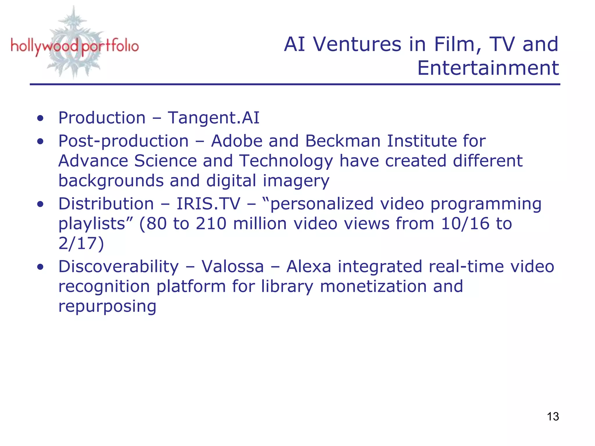 AI Ventures in Film, TV and
Entertainment
• Production – Tangent.AI
• Post-production – Adobe and Beckman Institute for
Advance Science and Technology have created different
backgrounds and digital imagery
• Distribution – IRIS.TV – “personalized video programming
playlists” (80 to 210 million video views from 10/16 to
2/17)
• Discoverability – Valossa – Alexa integrated real-time video
recognition platform for library monetization and
repurposing
13
 