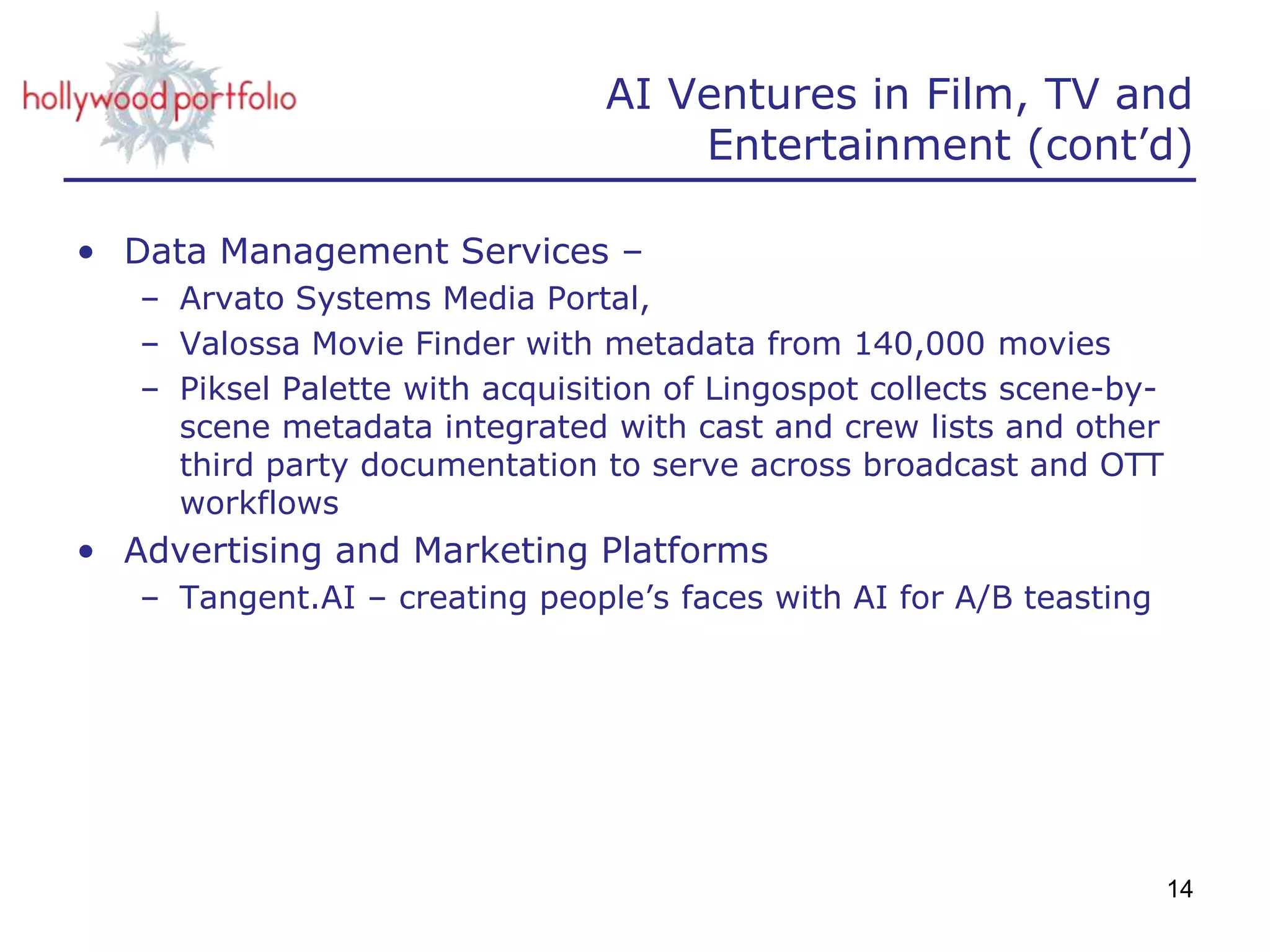 AI Ventures in Film, TV and
Entertainment (cont’d)
• Data Management Services –
– Arvato Systems Media Portal,
– Valossa Movie Finder with metadata from 140,000 movies
– Piksel Palette with acquisition of Lingospot collects scene-by-
scene metadata integrated with cast and crew lists and other
third party documentation to serve across broadcast and OTT
workflows
• Advertising and Marketing Platforms
– Tangent.AI – creating people’s faces with AI for A/B teasting
14
 