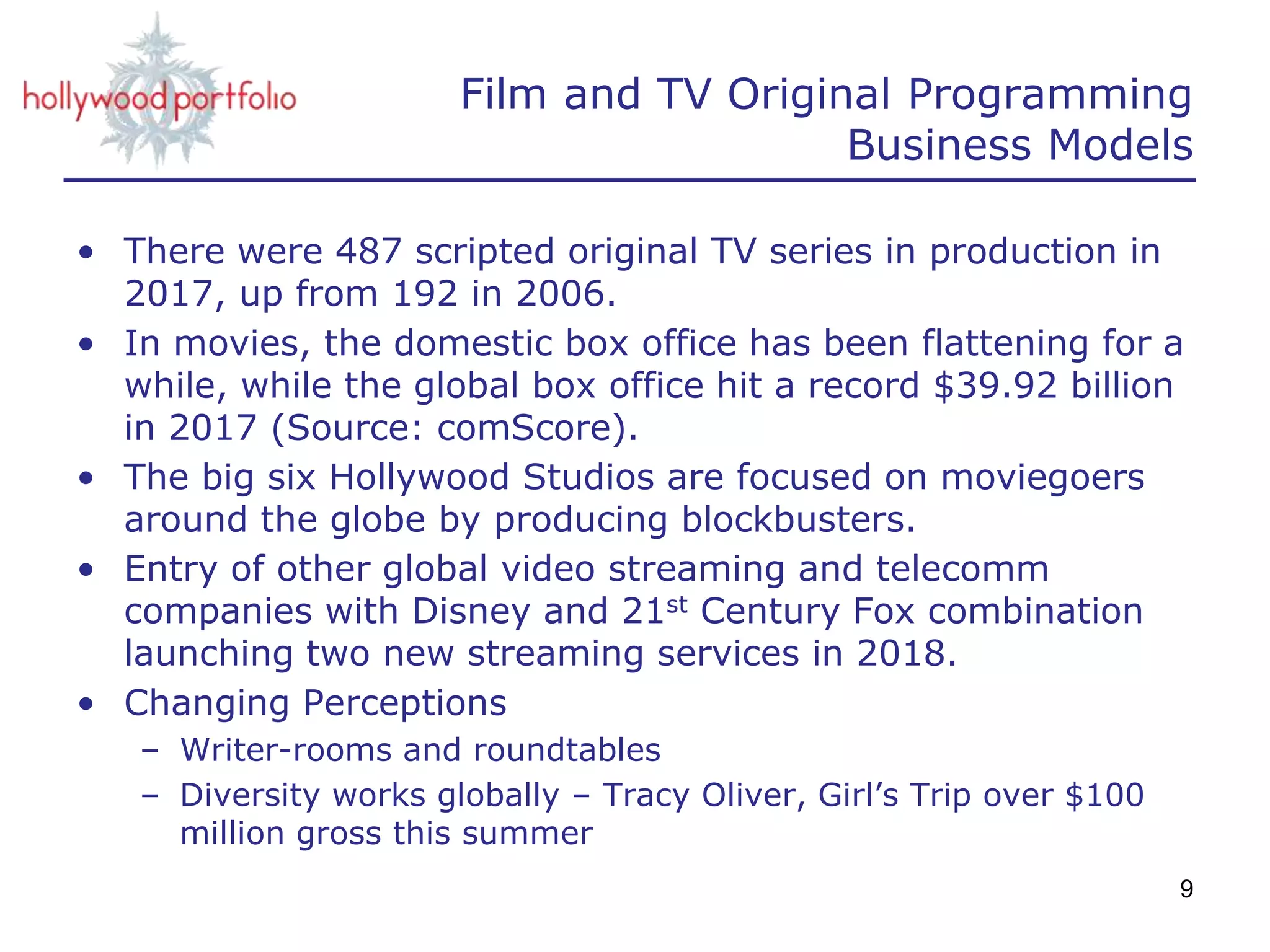 Film and TV Original Programming
Business Models
• There were 487 scripted original TV series in production in
2017, up from 192 in 2006.
• In movies, the domestic box office has been flattening for a
while, while the global box office hit a record $39.92 billion
in 2017 (Source: comScore).
• The big six Hollywood Studios are focused on moviegoers
around the globe by producing blockbusters.
• Entry of other global video streaming and telecomm
companies with Disney and 21st Century Fox combination
launching two new streaming services in 2018.
• Changing Perceptions
– Writer-rooms and roundtables
– Diversity works globally – Tracy Oliver, Girl’s Trip over $100
million gross this summer
9
 