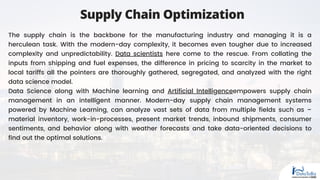 Supply Chain Optimization
The supply chain is the backbone for the manufacturing industry and managing it is a
herculean task. With the modern-day complexity, it becomes even tougher due to increased
complexity and unpredictability. Data scientists here come to the rescue. From collating the
inputs from shipping and fuel expenses, the difference in pricing to scarcity in the market to
local tariffs all the pointers are thoroughly gathered, segregated, and analyzed with the right
data science model.
Data Science along with Machine learning and Artificial Intelligenceempowers supply chain
management in an intelligent manner. Modern-day supply chain management systems
powered by Machine Learning, can analyze vast sets of data from multiple fields such as –
material inventory, work-in-processes, present market trends, inbound shipments, consumer
sentiments, and behavior along with weather forecasts and take data-oriented decisions to
find out the optimal solutions.
 